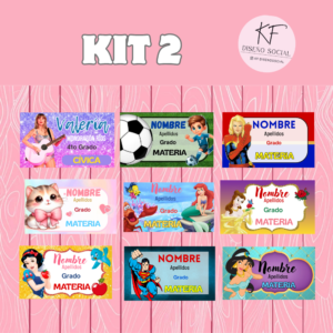 Kit 2 Etiquetas Escolares - Princesas, Marvel y Kawaii