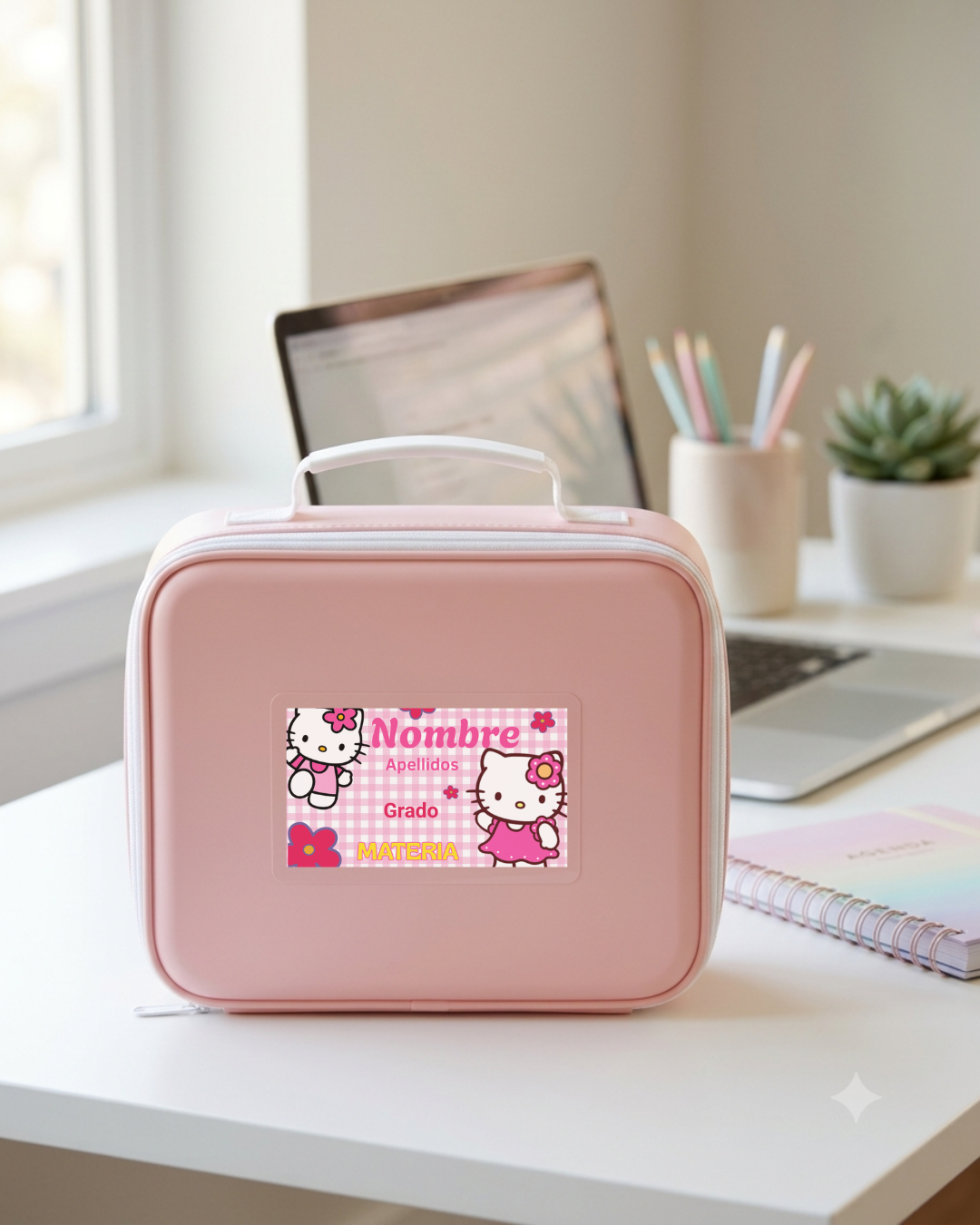 Hello Kitty etiqueta en lonchera rosa