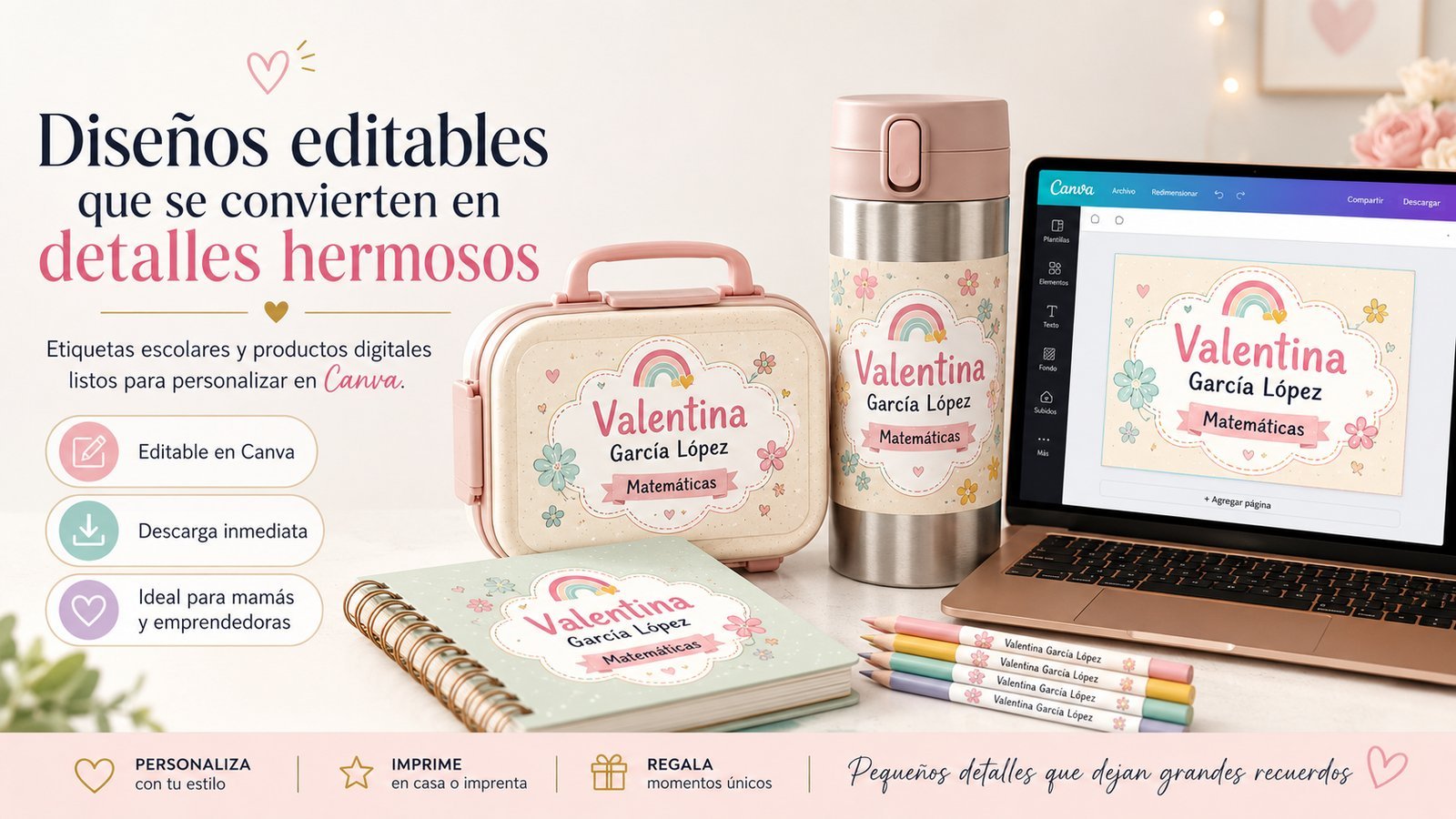 Etiquetas escolares editables en lonchera, termo, cuaderno y lápices personalizados