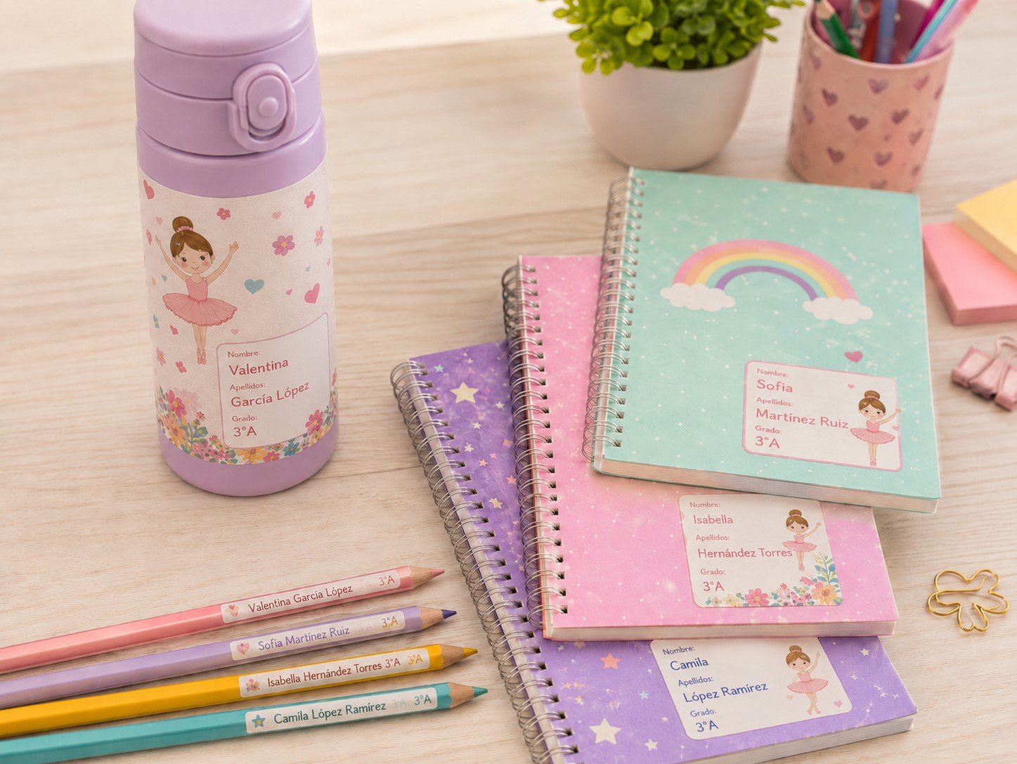Etiquetas escolares editables - termo y cuadernos personalizados